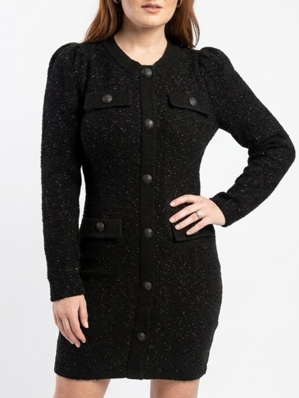 EXPRESS Black Textured Tweed-Style Button-Front Sweater Mini Dress Small
